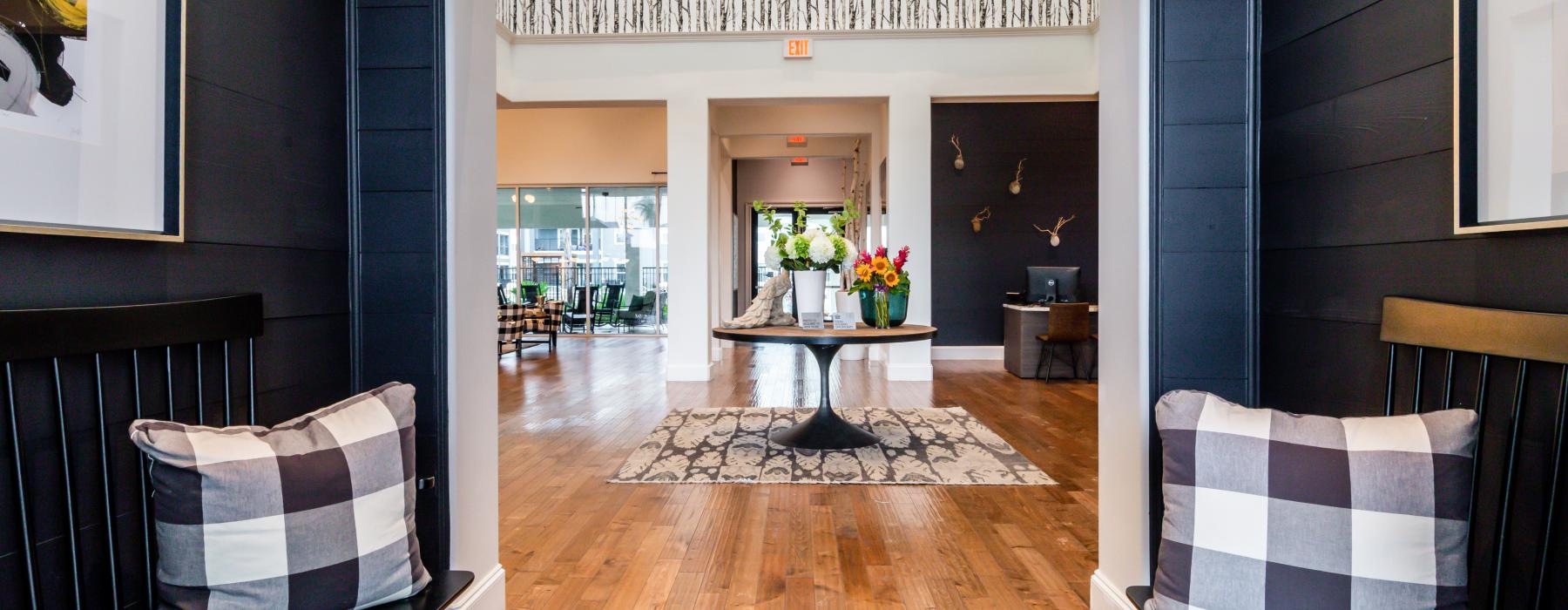 a room with a table and chairs